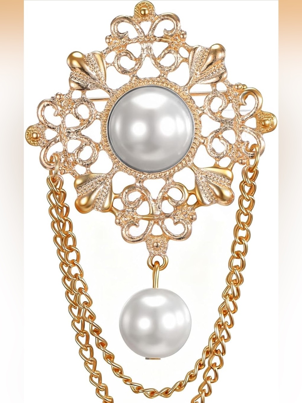 New Gold Filigree Brooch with White Pearl Drops